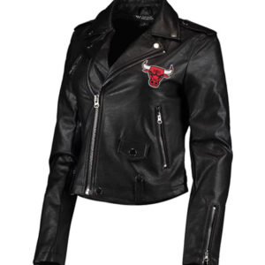 The Wild Collective Moto Chicago Bulls NBA Team Black leather Jacket